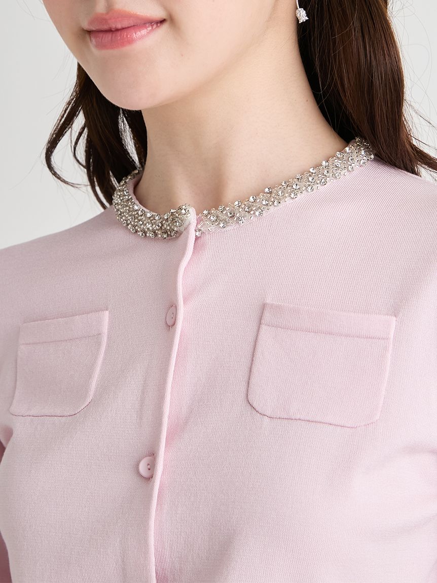 UVカット】シルクブレンドビジューネックカーディガン(ニットプル