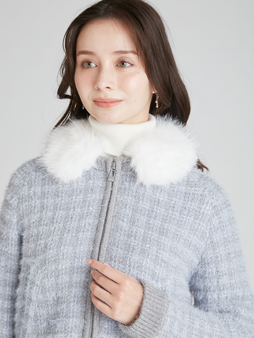 ファー衿付きツイードニットブルゾン(ジャケット・ブルゾン)｜OUTER