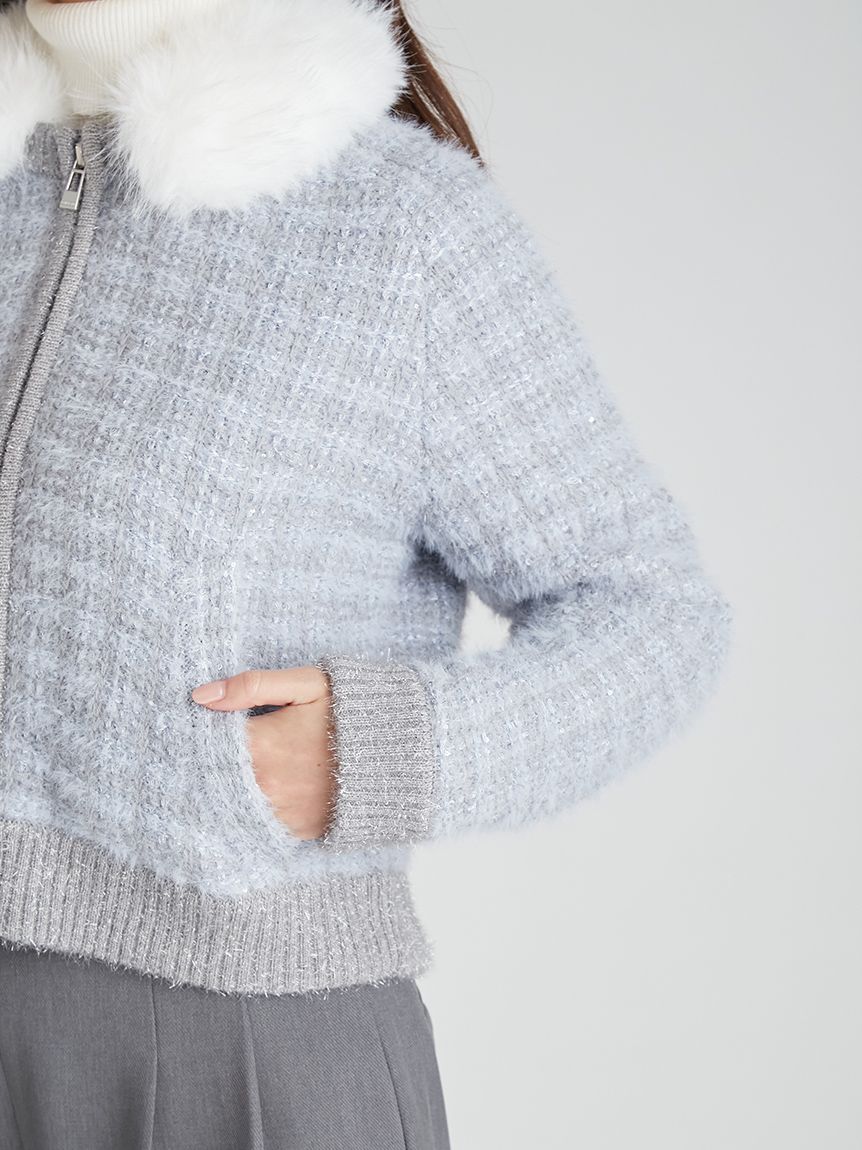 ファー衿付きツイードニットブルゾン(ジャケット・ブルゾン)｜OUTER