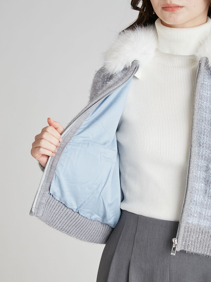 ファー衿付きツイードニットブルゾン(ジャケット・ブルゾン)｜OUTER