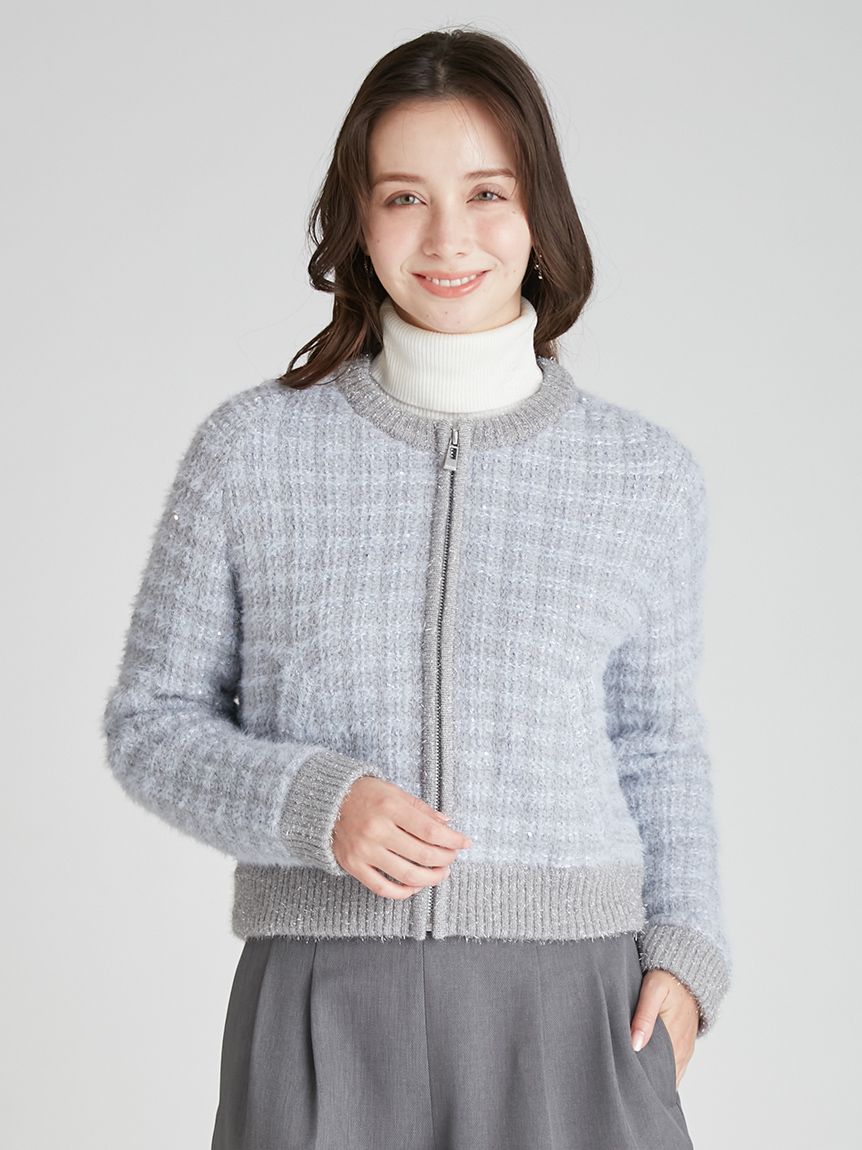 ファー衿付きツイードニットブルゾン(ジャケット・ブルゾン)｜OUTER