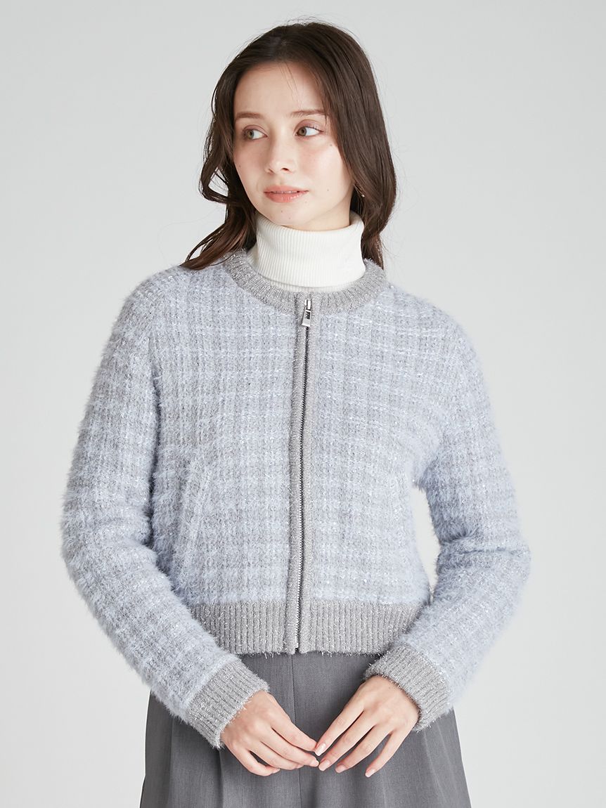 ファー衿付きツイードニットブルゾン(ジャケット・ブルゾン)｜OUTER