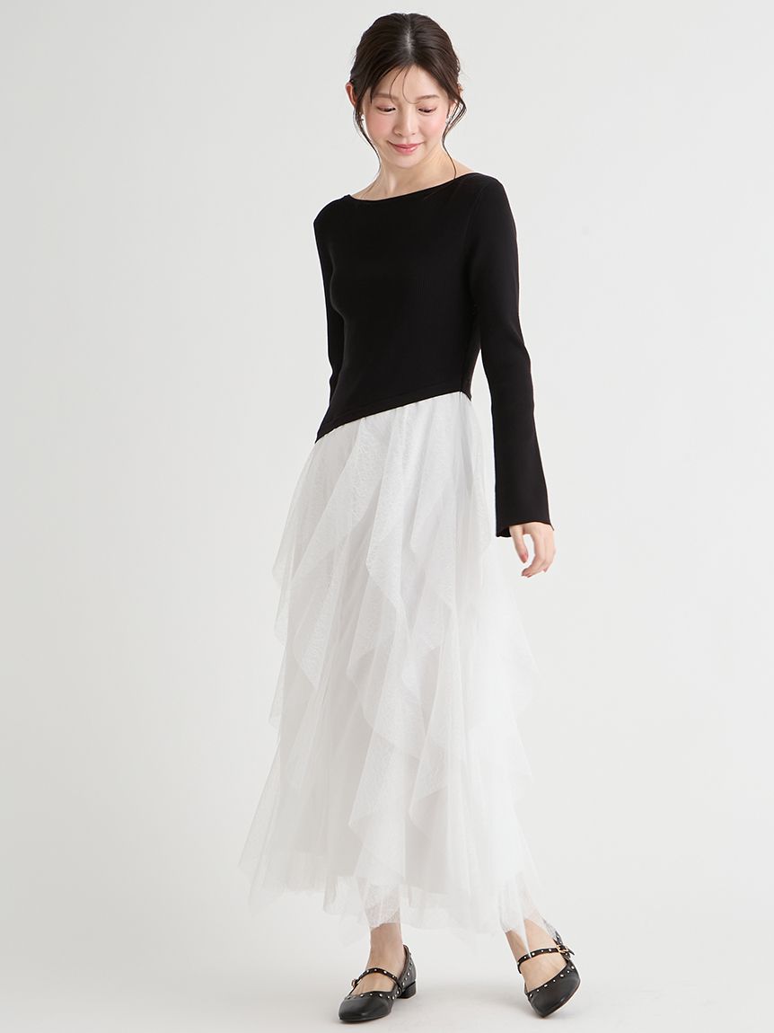 ラッフルスカートドッキングニットワンピ(デイリーワンピース)｜DRESS