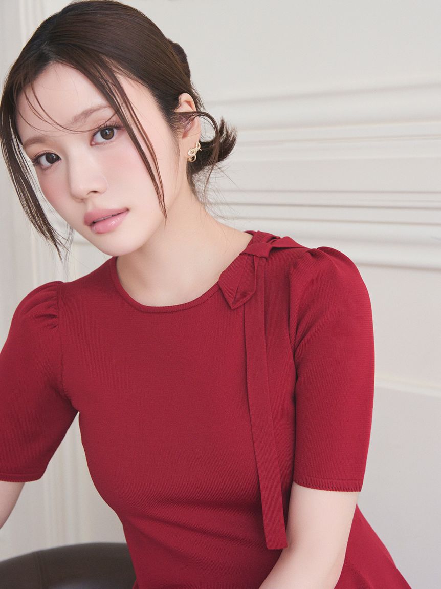 人気 セルフォード ポンチフレアワンピース 赤 ストレッチ 23SS ペプラム ネックリボンホールガーメントワンピース(ロングワンピース)｜DRESS
