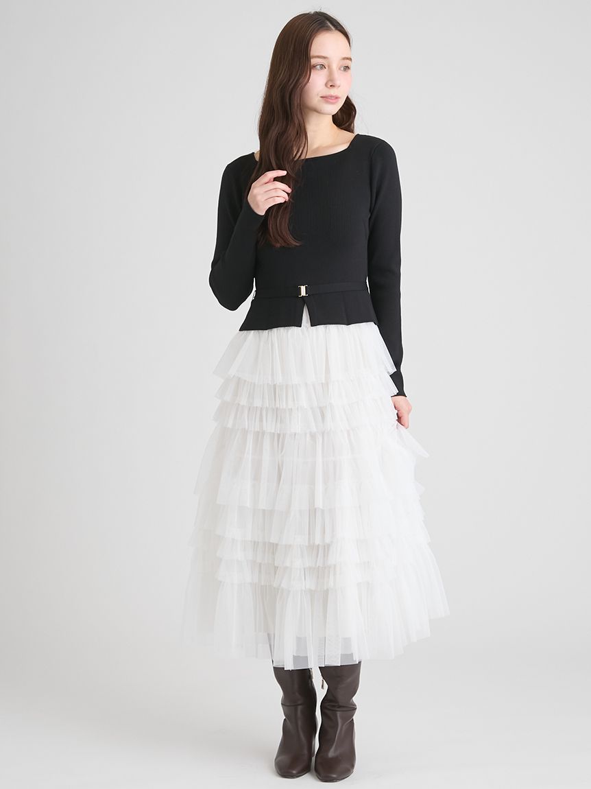 チュールティアードドッキングワンピース(ロングワンピース)｜DRESS