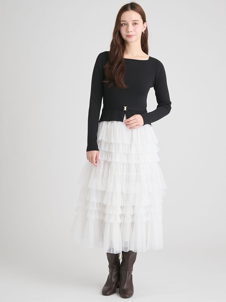 チュールティアードドッキングワンピース(ロングワンピース)｜DRESS
