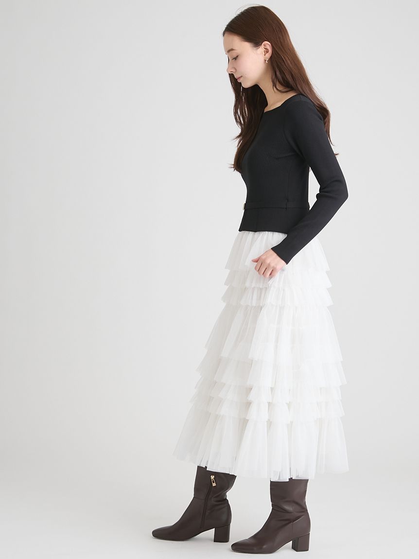 チュールティアードドッキングワンピース(ロングワンピース)｜DRESS