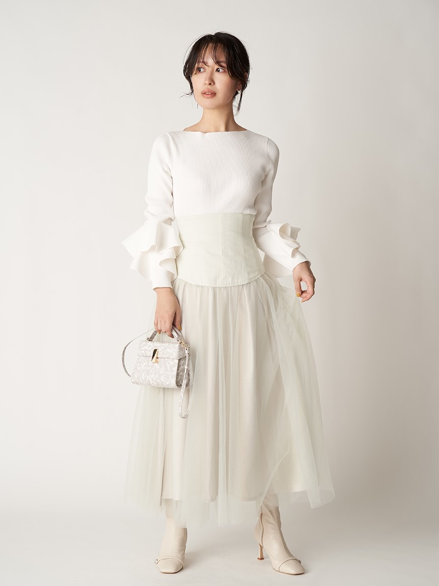 袖ラッフルリブニットプルオーバー(ニットプルオーバー)｜TOPS 