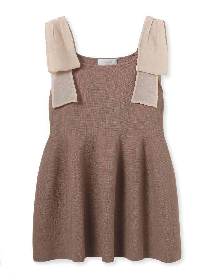 オフショルリボンペプラムトップス リボンショルダーペプラムニットプルオーバー(ニットプル