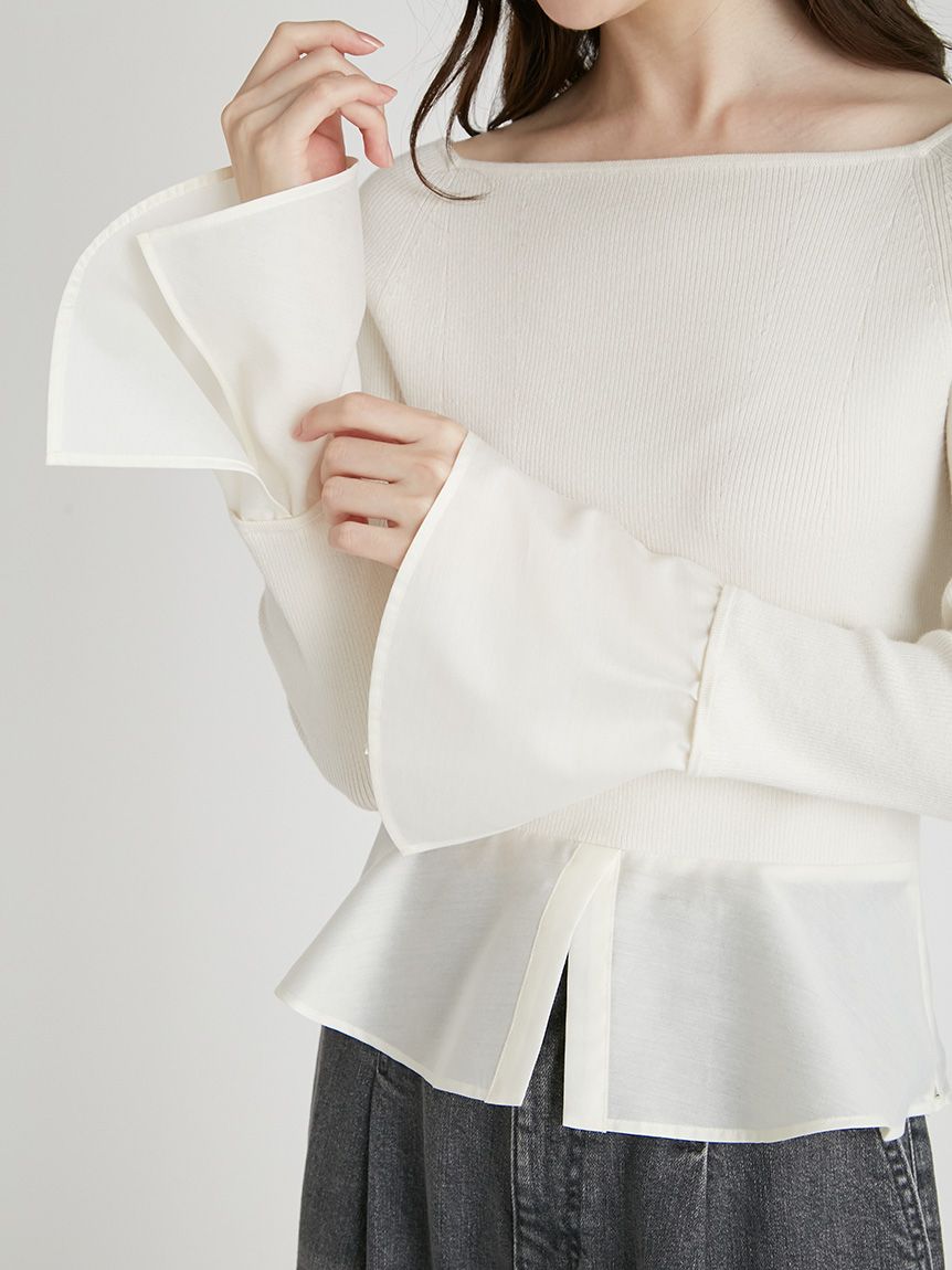 ENFOLD フロントニットドッキングブラウス シャツ プルオーバー 白/白 Lace Ladies ブラウス シャツ フロントタック シアー 7分袖