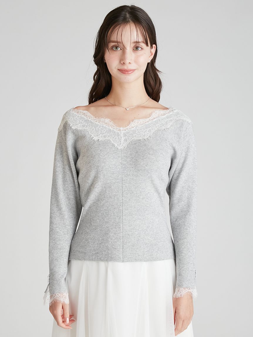 レーストリムリブニットプルオーバー(ニットプルオーバー)｜TOPS