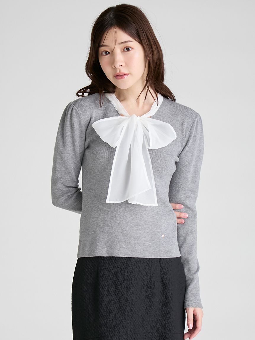 ウォッシャブル】シルクブレンドボウタイニットプルオーバー(ニット