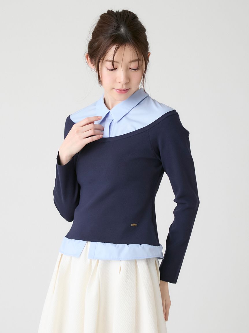 洗える】シャツ襟ニットトップス(ニットプルオーバー)｜TOPS（トップス 