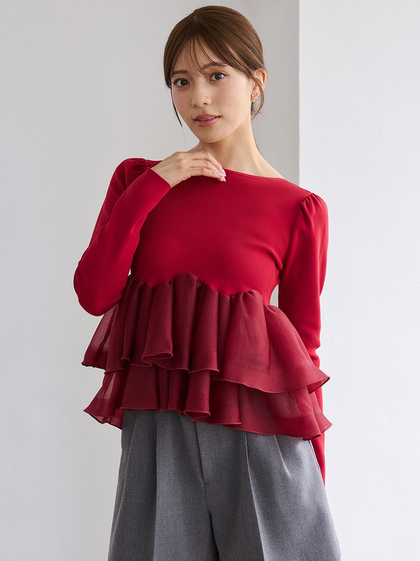 洗える】ラッフルペプラムニットプルオーバー(ニット・セーター)｜TOPS