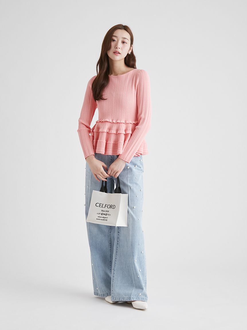 レーシーペプラムニットプルオーバー(ニット・セーター)｜TOPS