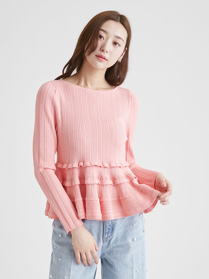 レーシーペプラムニットプルオーバー(ニット・セーター)｜TOPS
