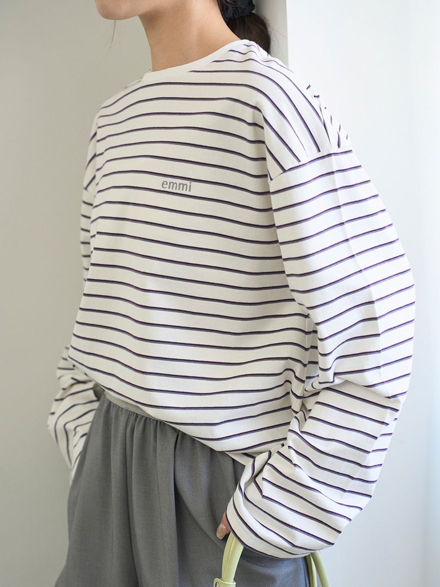 emmi eco ボーダーロングスリーブTシャツ emmiロゴクルーネックロングTシャツ(Tシャツ/カットソー)｜トップス