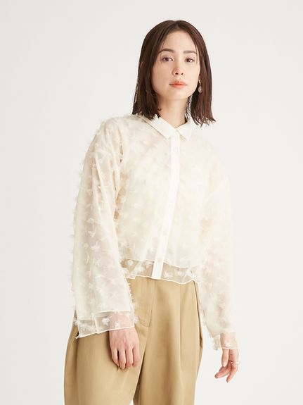 美品　emmi エミ ウォッシャブル袖ボリュームブラウス インディゴシャツ フラワーチュールブラウス(シャツ・ブラウス)｜トップス｜emmi