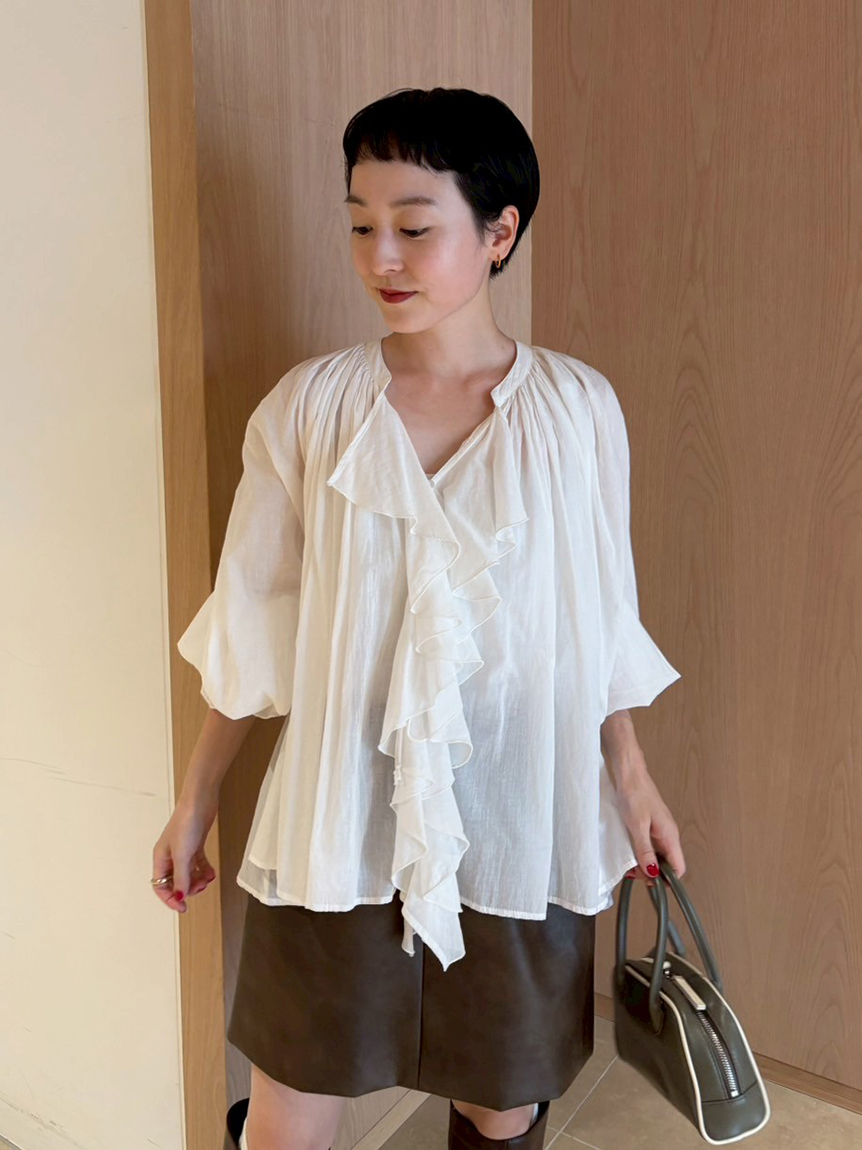 BEARDSLEY コットンシフォンギャザー丸ブラウス美品BEARDSLEY