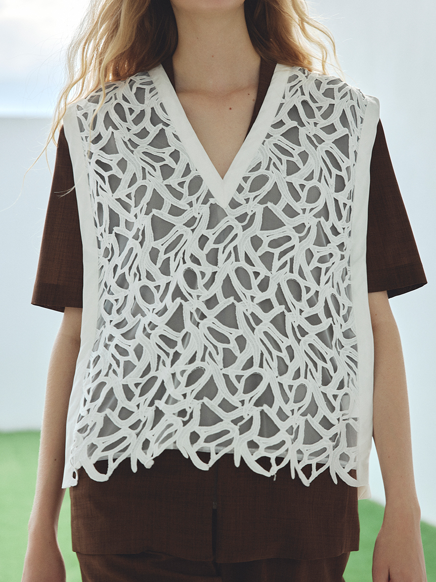 シアーフライスジレ ベスト ジレ 刺繍レースシアーベスト レディース : ZOZOTOWN