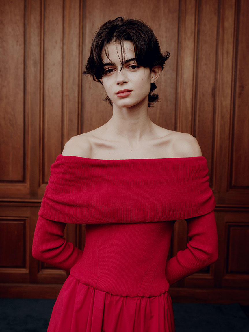 オフショルニットドッキングワンピース(ニットワンピース)｜ワンピース