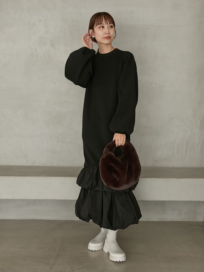 【新品タグ付き】emmi 洗える ニット ドッキング ワンピース ロング 長袖 ニットタフタドッキングOP(マキシ・ロングワンピース)｜ワンピース