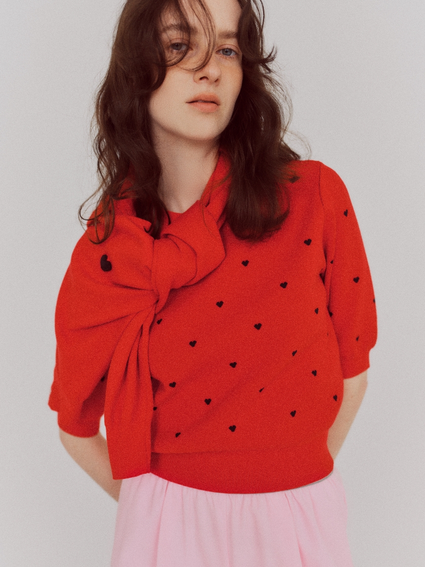 HEART】 eco ハーフスリーブハートジャガードニット【アンサンブル可能