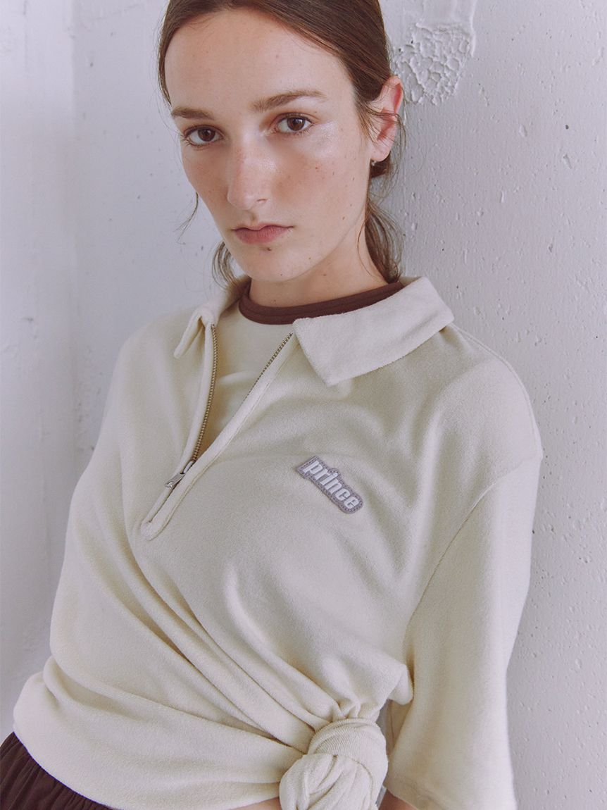 定価４万★フランス製★イネス★女性らしい襟開きＴシャツ白コンパクトリブInese 開襟シャツ シャツ レディース トップス 半袖 送料無料・(100