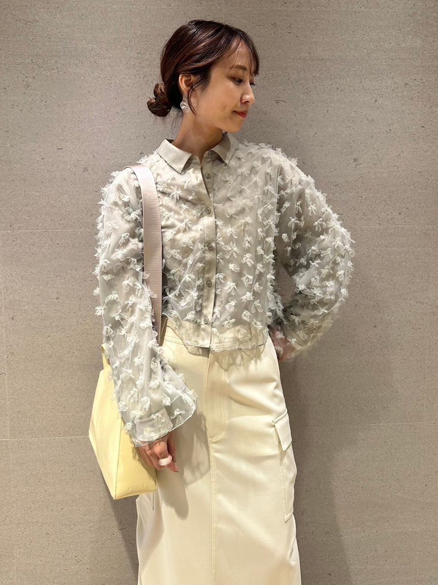 ■専用■美品 ELIN チュール ブラウス ボリュームスリーブブラウス ホワイト セール】チュールボリュームスリーブショート丈シャツ（シャツ