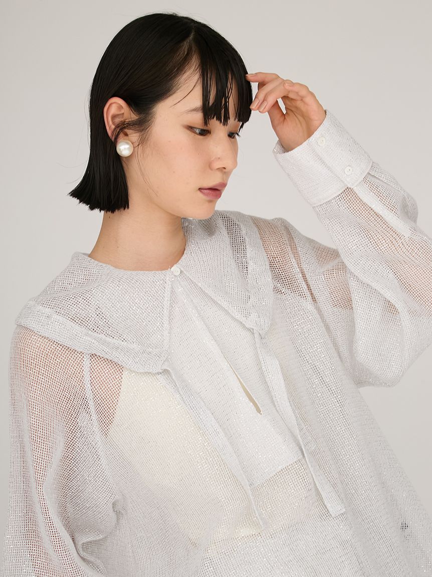 ALAIA フリルメッシュブラウス MA*RS】肩開きフリルスライダーブラウス - ピンク size-F | 地雷