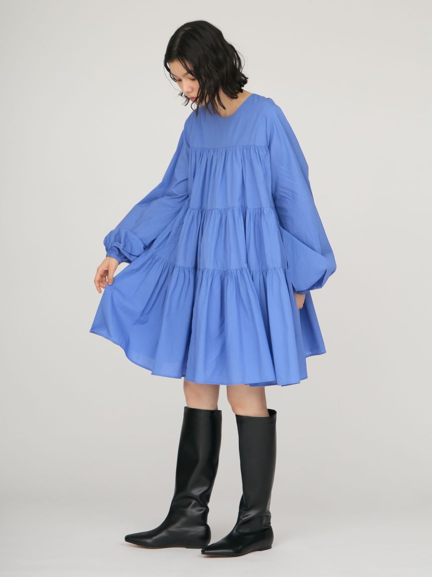 【美品】ルネ ティアードワンピース エッフェル セミロング ふんわり ブルー 美品】ルネ ティアードワンピース エッフェル セミロング ふんわり