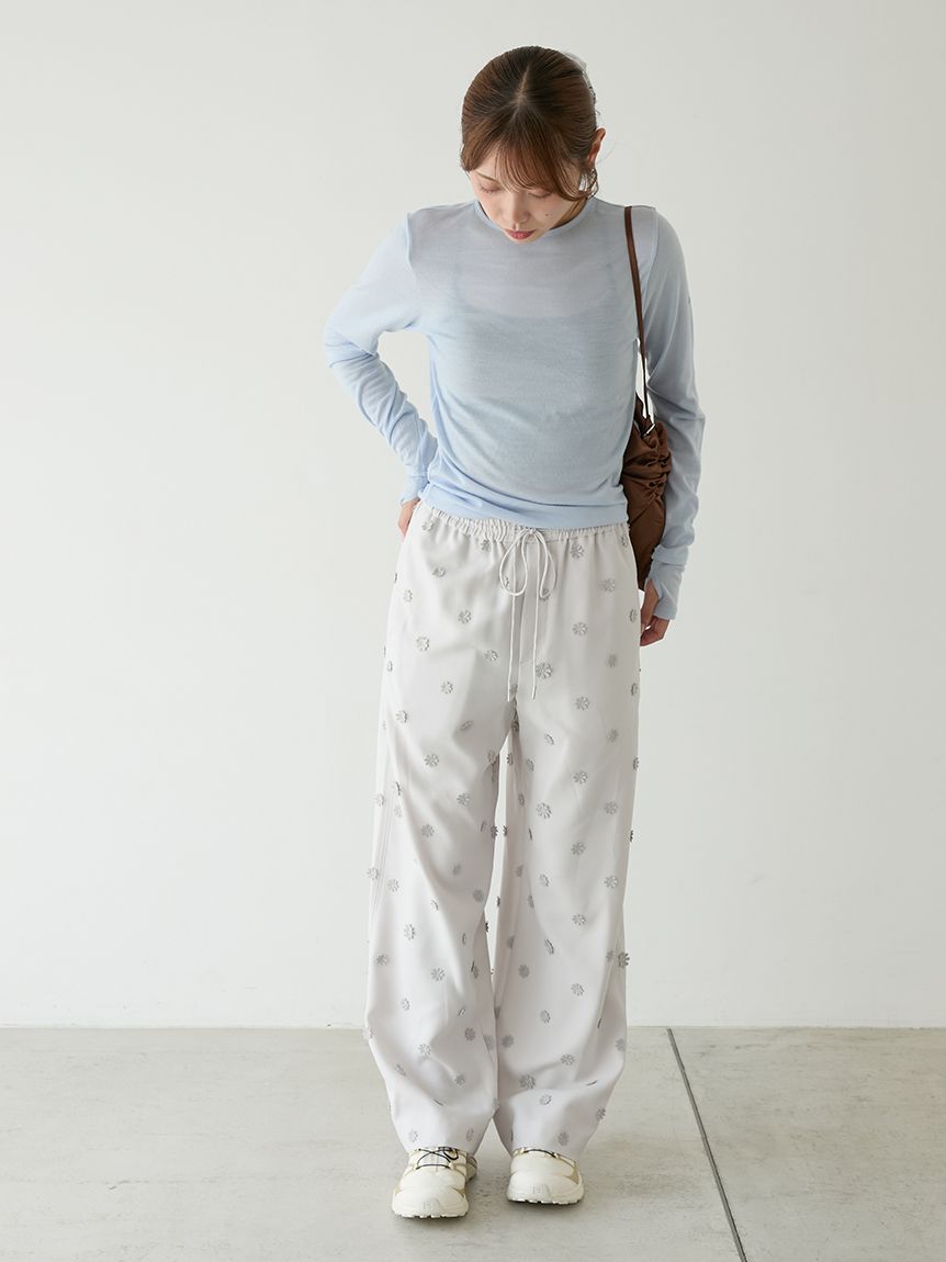 フラワーエンブロイダリーウエストゴムパンツ(ワイドパンツ)｜パンツ