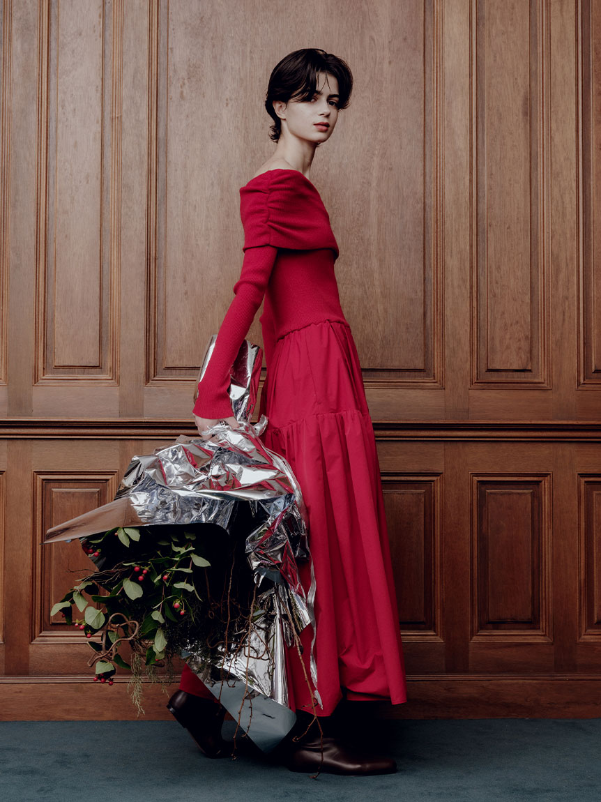 オフショルニットドッキングワンピース(ニットワンピース)｜ワンピース