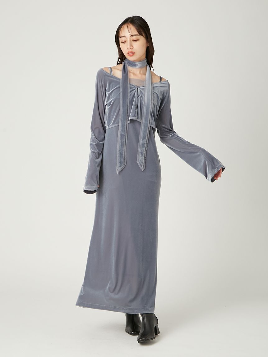 【美品】FRAY I.D ワンピース　フレイアイディー　ロングワンピース★グレー 00サイズ】クレープサテンプリントワンピース(マキシ・ロング