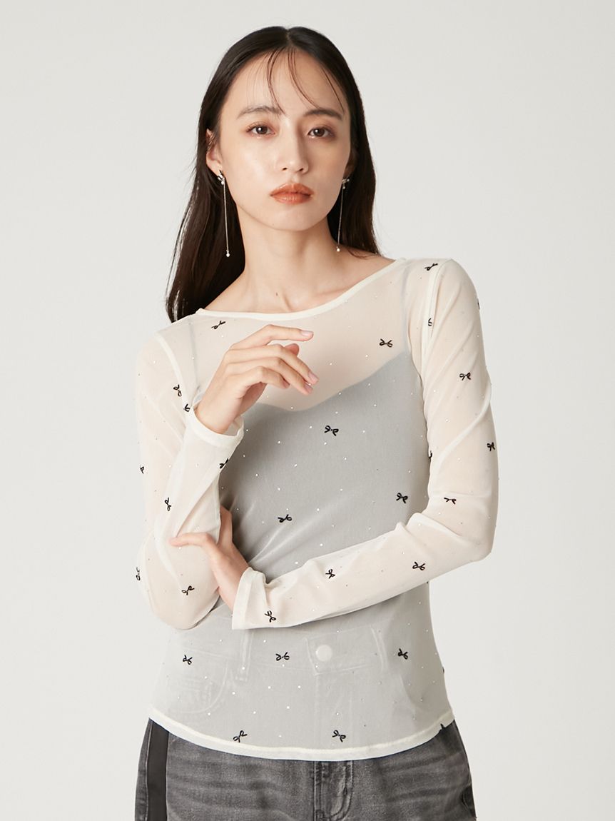 リボンプリントメッシュトップ(カットソー)｜トップス｜FRAY I.D