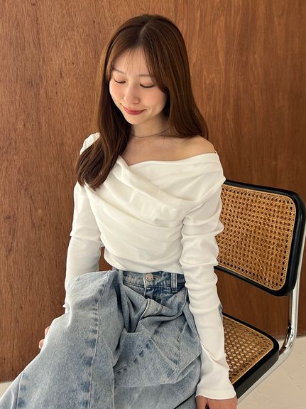 新品 FRAY I.D ギャザーオフショルカットソー ピンク ギャザーオフショルカットソー(カットソー)｜トップス｜FRAY I.D