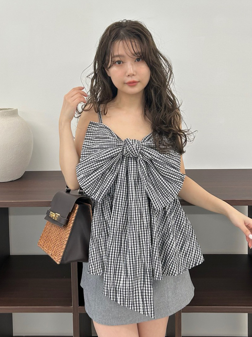 新品　FRAY I.D フレイ アイディー　ショルダーリボンペプラムニットキャミ オンブレラメチェックリボンキャミ(ブラウス)｜トップス｜FRAY I.D