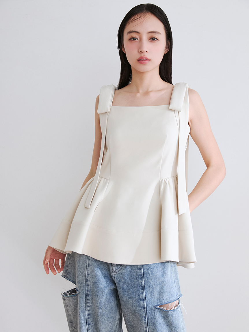 【新品タグ付き】FRAY I.D ペプラムリボントップス WEB限定】リボンペプラムトップス/ウォッシャブル(ブラウス)｜トップス