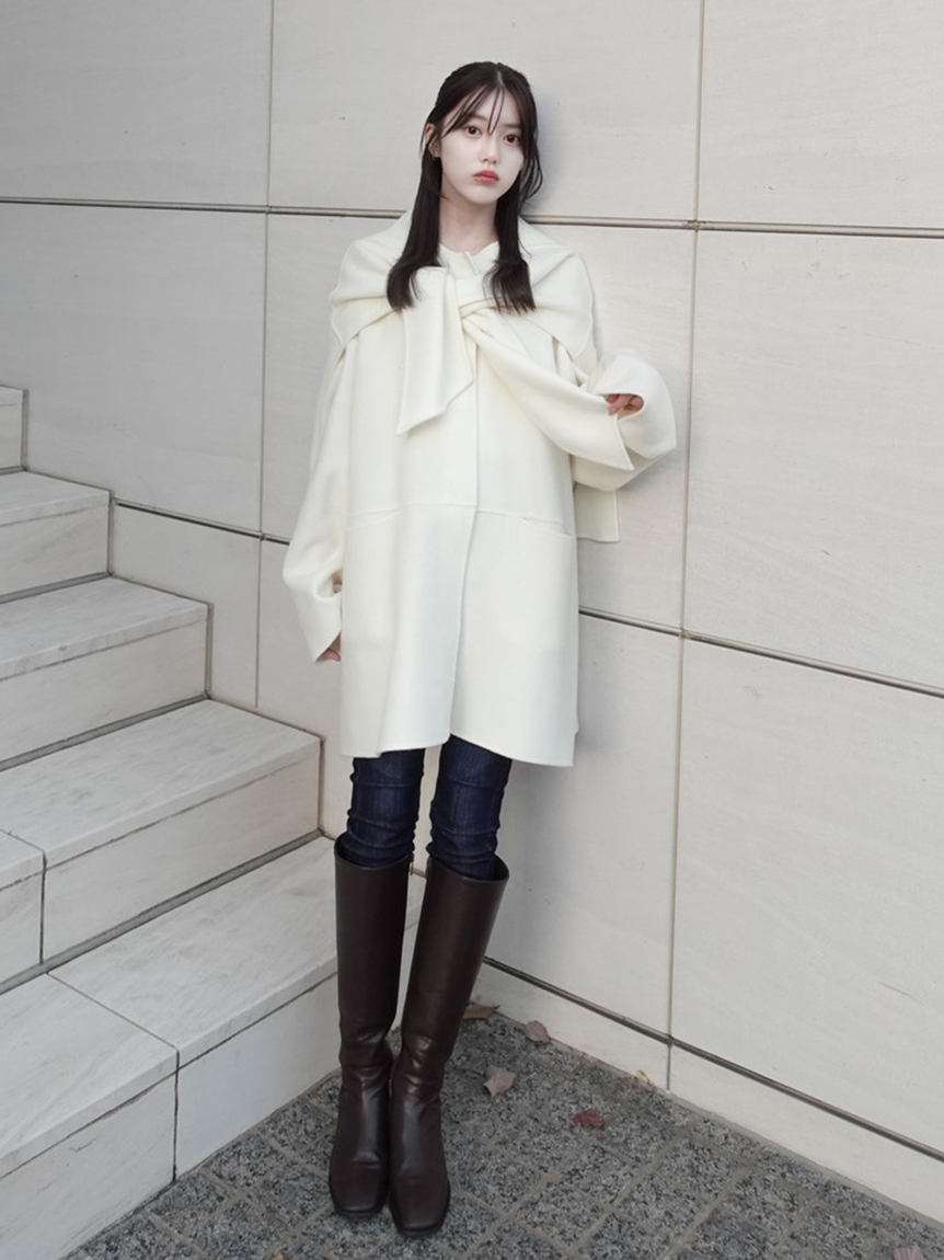 マフラー付ノーカラーリバーミドルコート(ノーカラージャケット