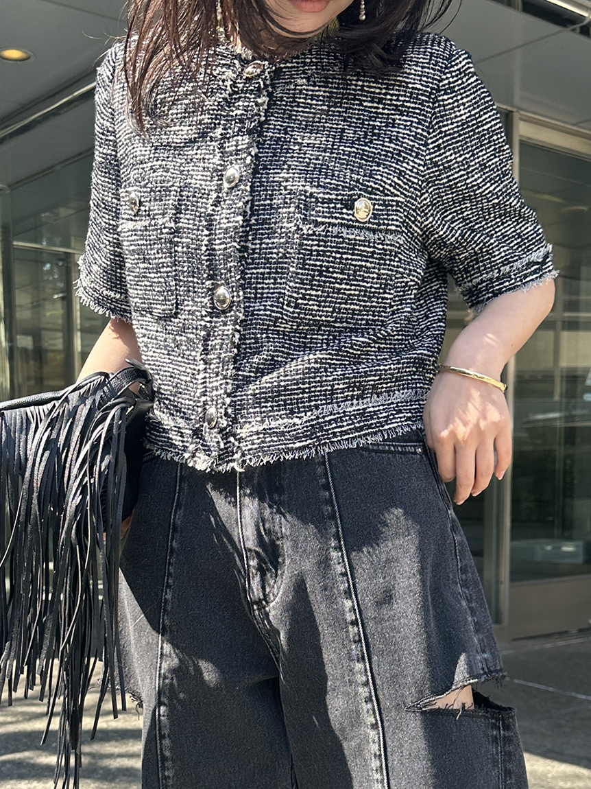 ツイードフリンジ半袖ジャケット