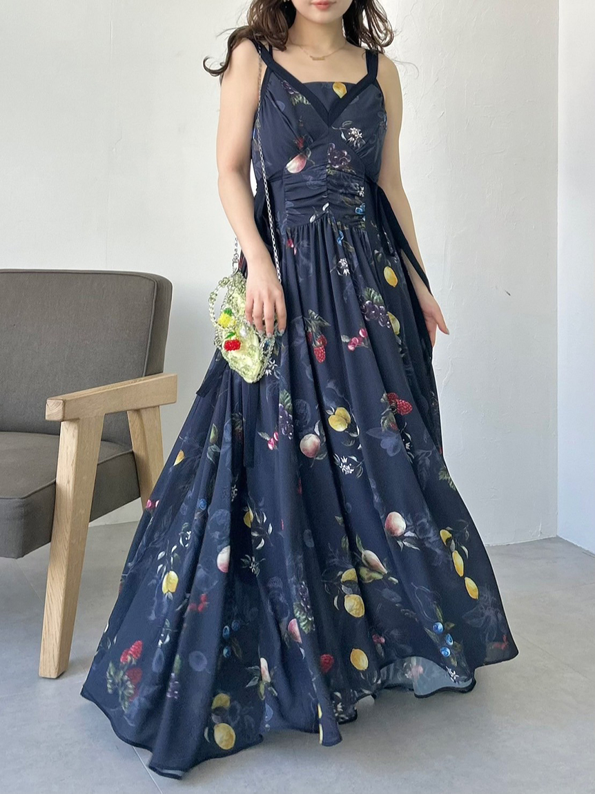 インディゴブルー チェック柄 ビスチェ風サイドレースアップのチロルワンピース インディゴブルー チェック柄 ビスチェ風サイドレースアップの