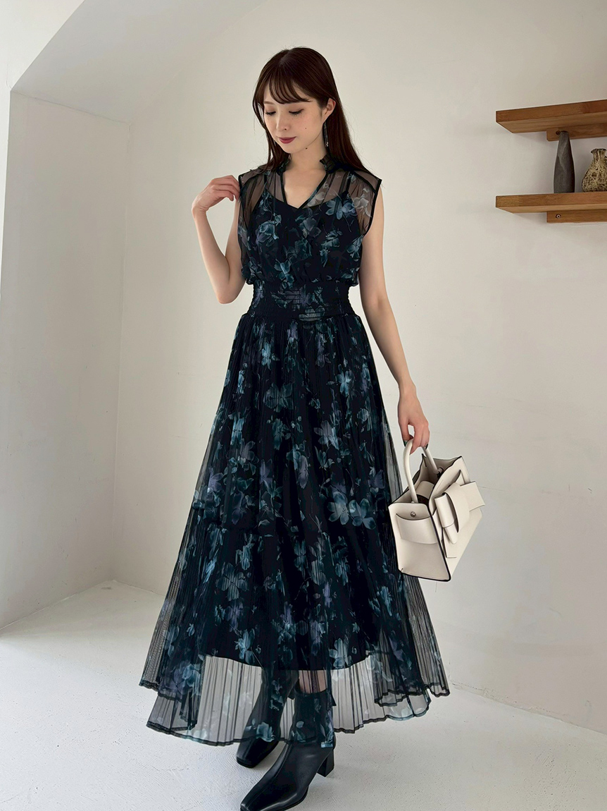 FRAY I.D ワンピース　インナー付き 00サイズ】シアーフラワープリーツワンピース(マキシ・ロング