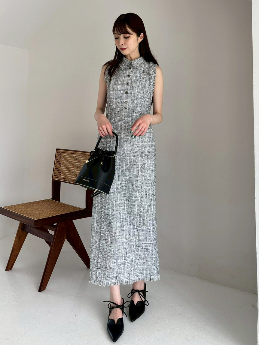 今期定価2万6千円フリンジデザインツイードポロワンピース セール】【00サイズ】フリンジデザインツイードポロワンピース