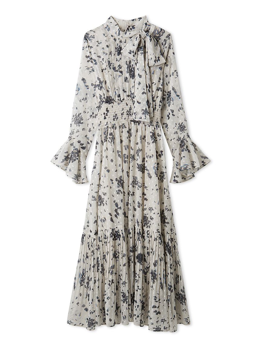 ボウタイプリーツプリントワンピース(マキシ・ロングワンピース