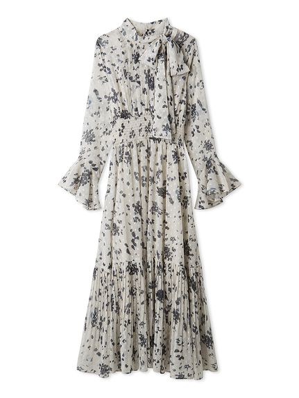 ボウタイプリーツプリントワンピース(マキシ・ロングワンピース