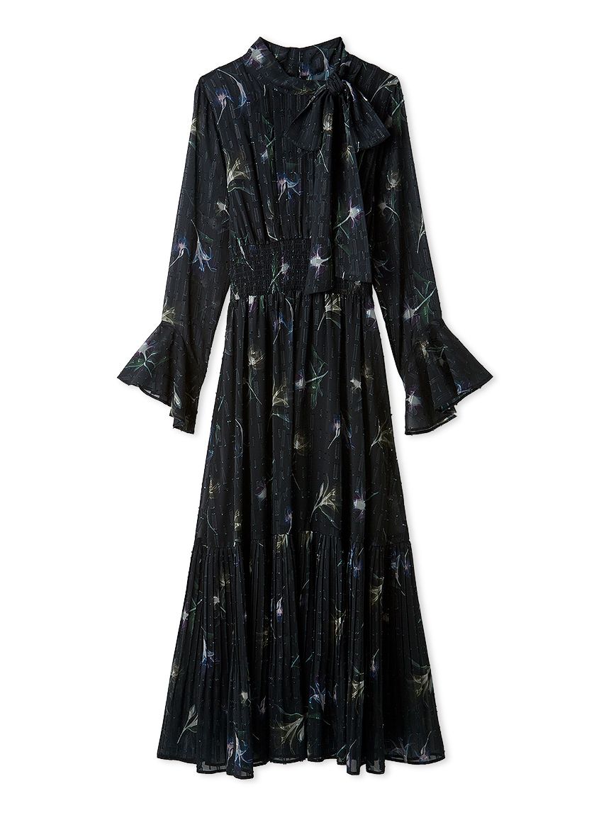 ボウタイプリーツプリントワンピース(NVY-0)