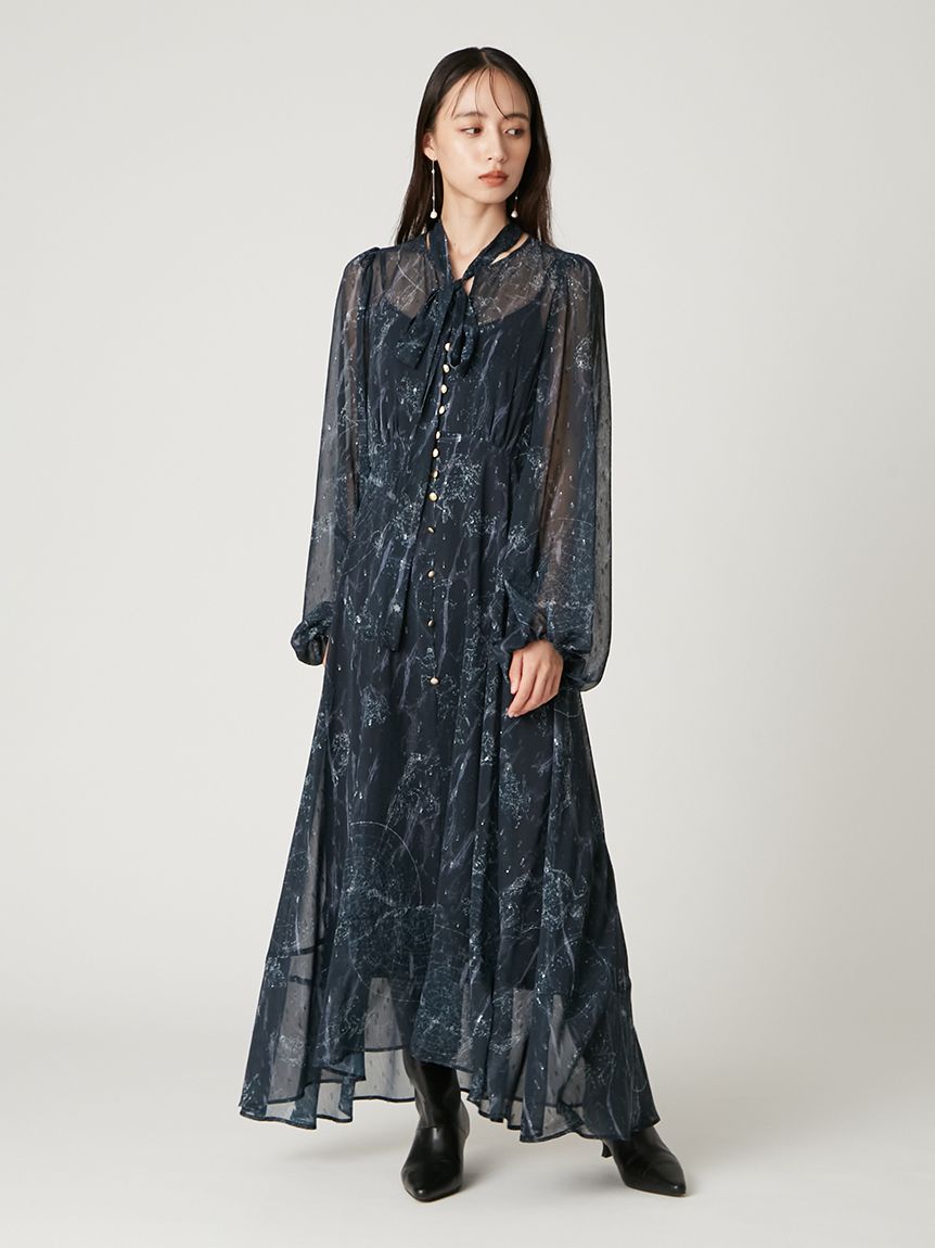 ホロスコーププリントリボンタイワンピース(マキシ・ロングワンピース