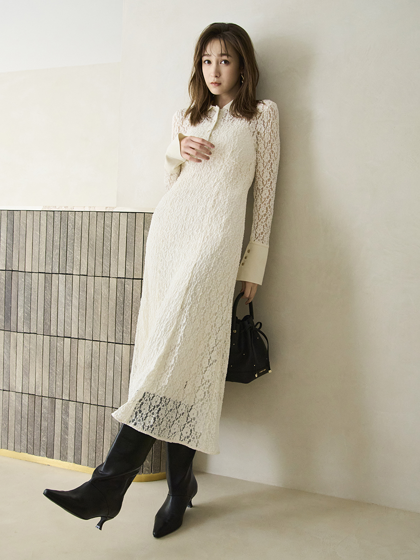 ストレッチレースポロカラーワンピース(ドレス)｜ワンピース