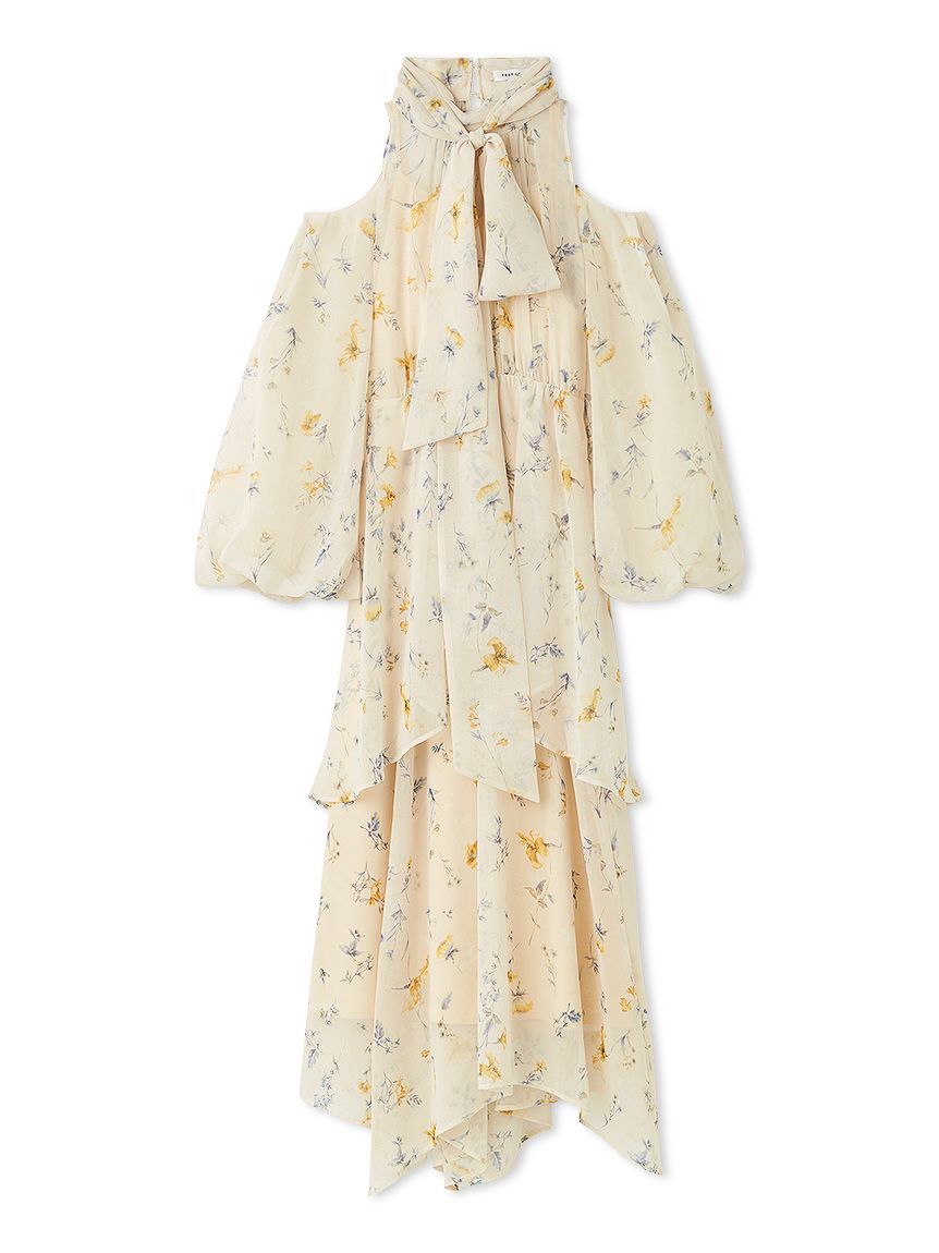 00サイズ】フラワープリントオフショルティアードワンピース(マキシ