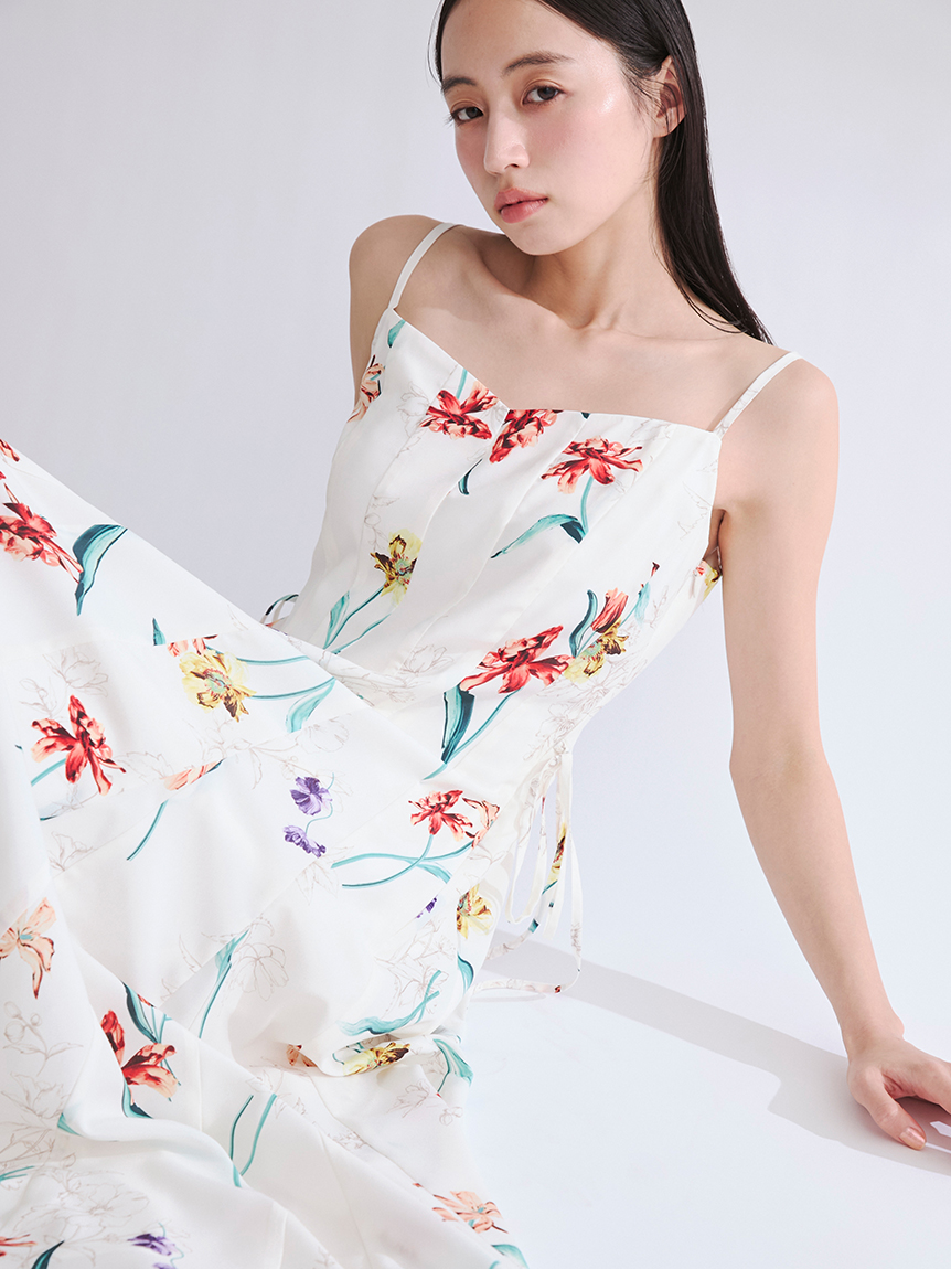 00サイズあり】ボタニカルアシメパターンキャミワンピース(マキシ